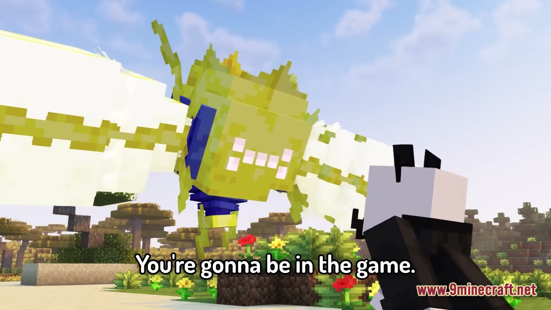 Cobblemon.gg Modpack Screenshot 3 A player character looks at a large, blocky Vikavolt model flying in a grassy Minecraft biome