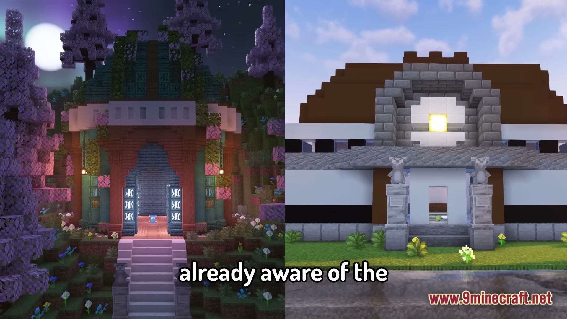Cobblemon.gg Modpack Screenshot 4 A side-by-side comparison of two different Pokémon Center architectural styles built within a Minecraft world