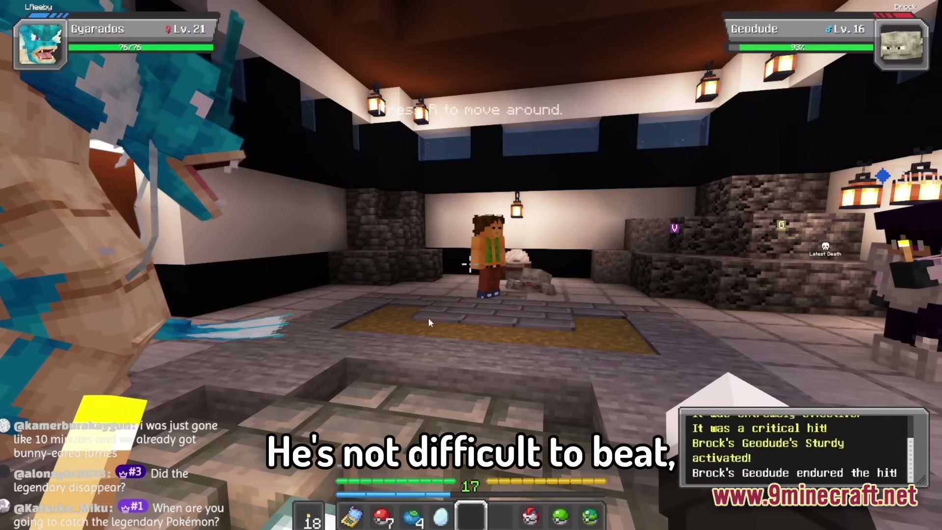 Cobblemon.gg Modpack Screenshot 6 A Gyarados battles Brock's Geodude inside a stone gym within the Cobblemon Minecraft mod