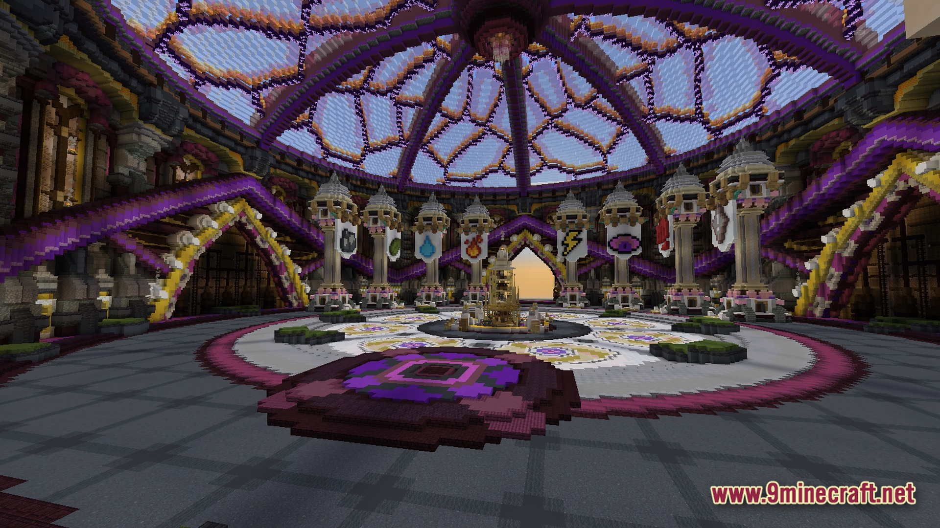 Cobblemon.gg Modpack Screenshot 7 A large circular domed arena featuring banners representing various elemental types under a stained-glass ceiling