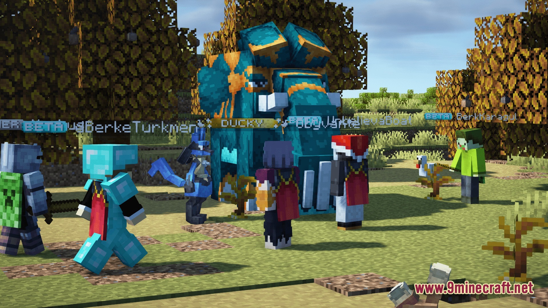 Cobblemon.gg Modpack Screenshot 8 Several Minecraft players gather around a large Copperajah and a Lucario in a grassy biome