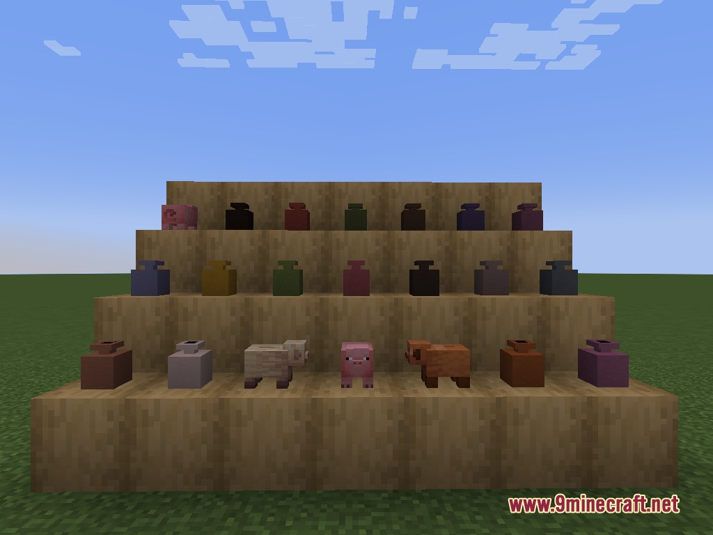A collection of dyed pots and animal shaped coin banks on steps