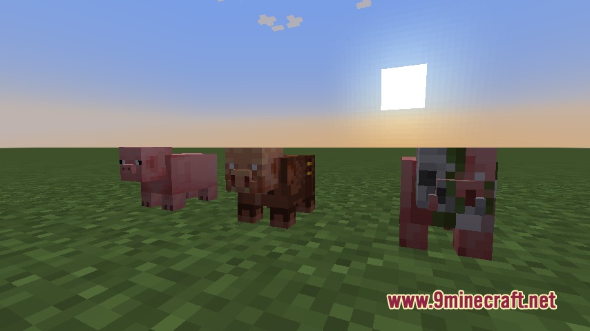 Pig Hoglin and Zoglin shaped coin banks standing on the grass