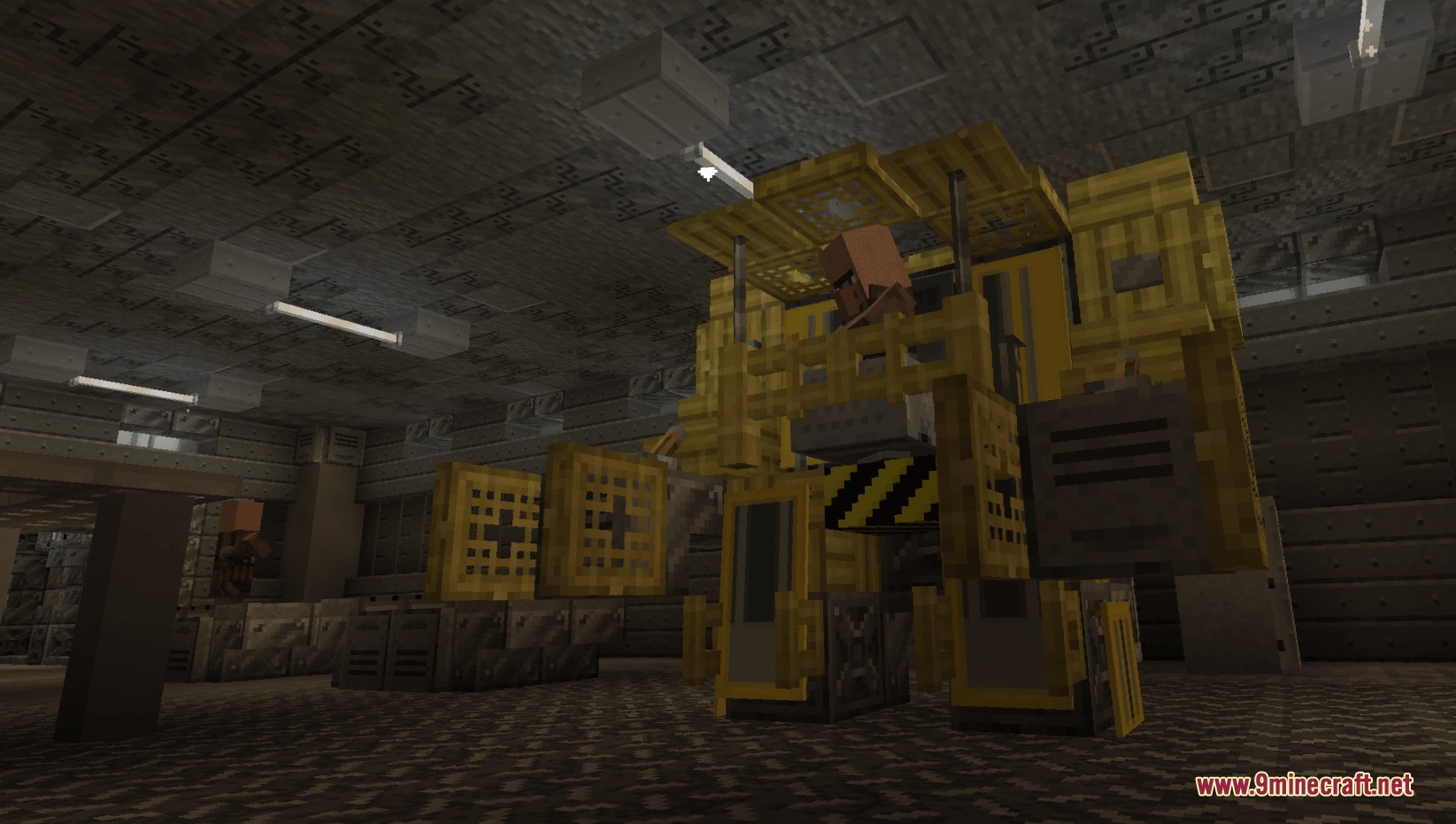 A villager piloting a yellow industrial mech suit inside a dark metal facility