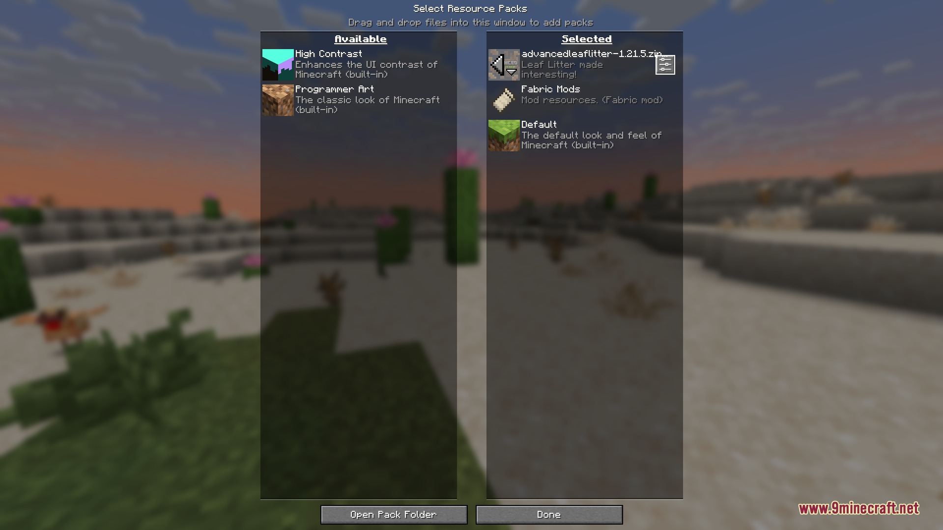 Colored Leaf Litter Resource Pack Screenshot 3 Minecraft resource pack menu showing the Advanced Leaf Litter pack enabled