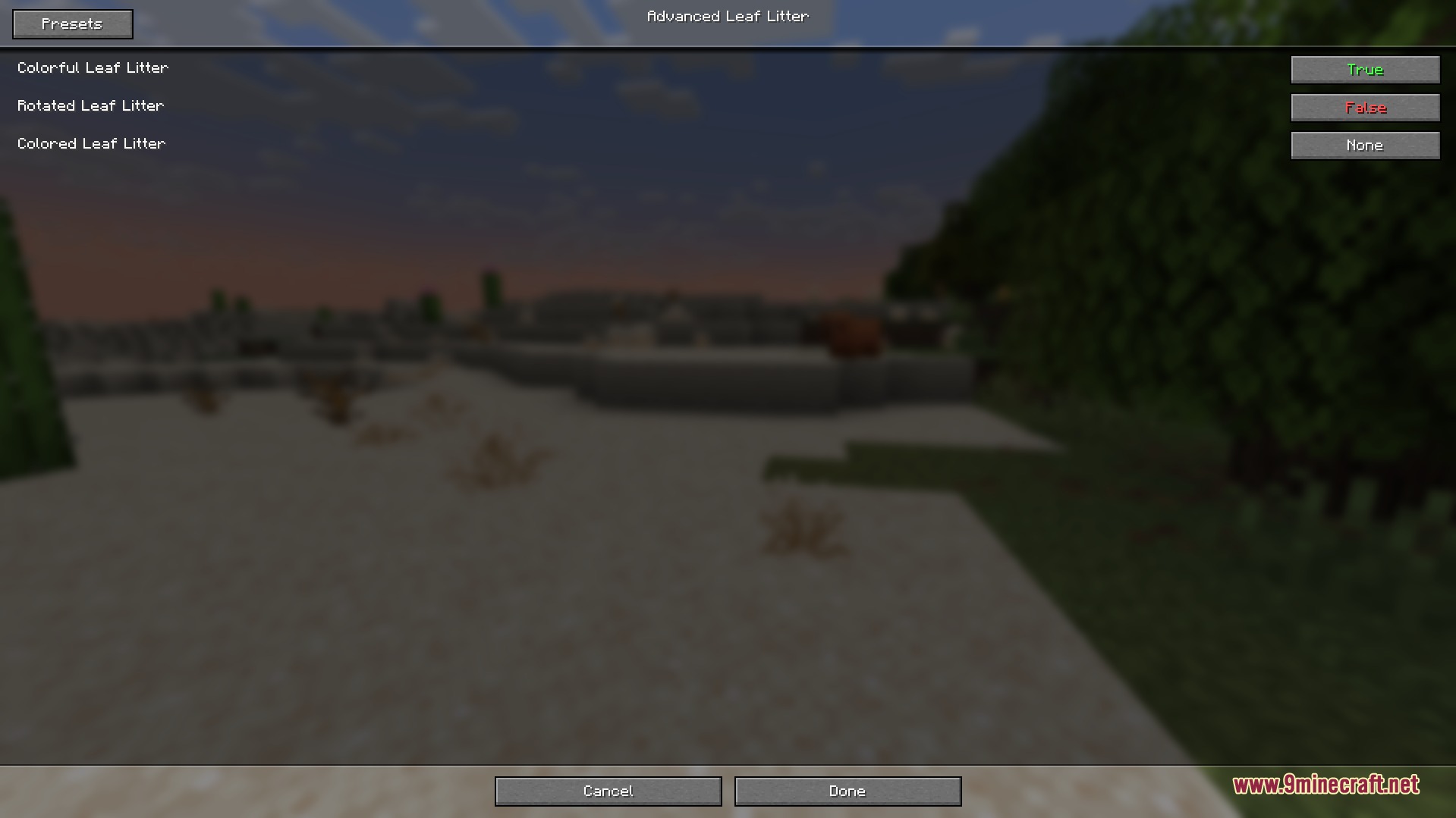Colored Leaf Litter Resource Pack Screenshot 4 Configuration menu for adjusting leaf litter colors and rotation settings in game