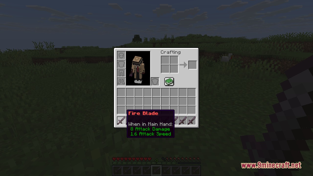 A player viewing a sword with a custom red name Fire Blade
