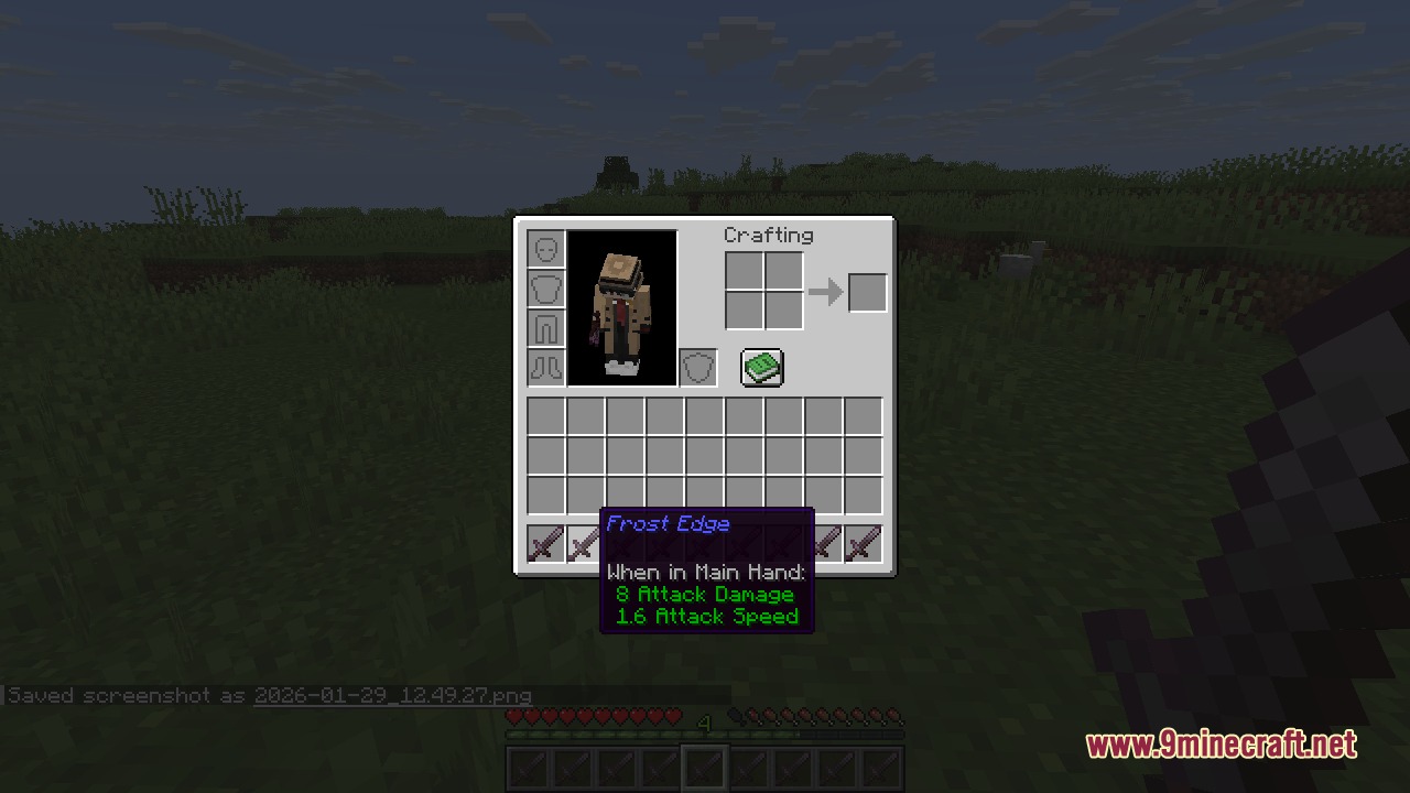 A player viewing a sword with a custom blue name Frost Edge