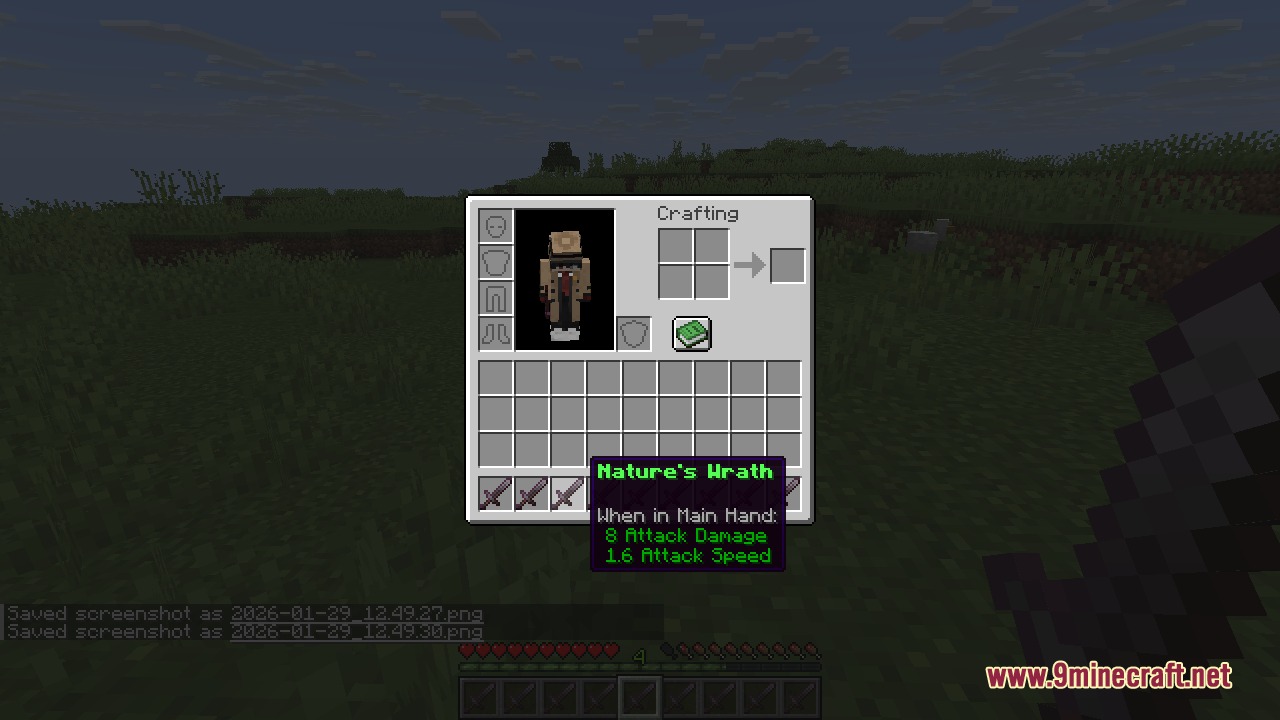 Minecraft inventory screen showing a sword with a custom green name Natures Wrath