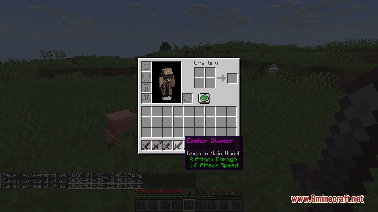 Minecraft inventory screen showing a sword with a custom purple name Ender Slayer