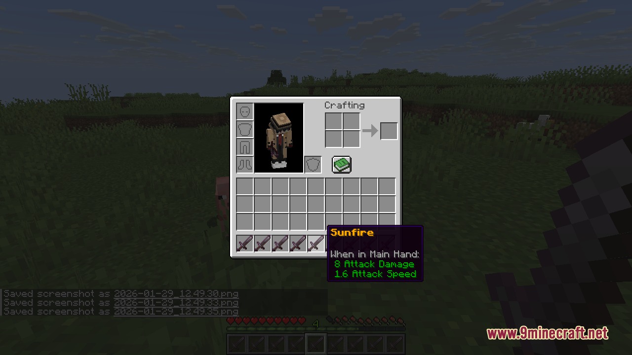 Inventory screen showing a sword with a custom yellow name called Sunfire