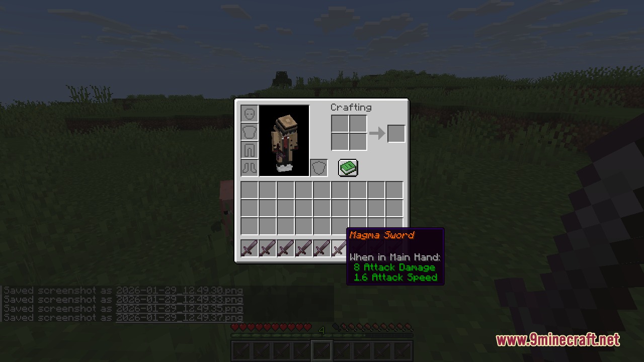 Inventory screen showing a sword with a custom orange name called Magma Sword
