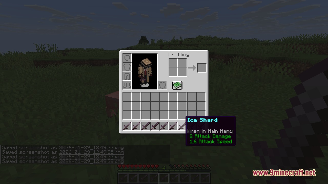 Minecraft inventory screen showing an Ice Shard item with cyan colored text