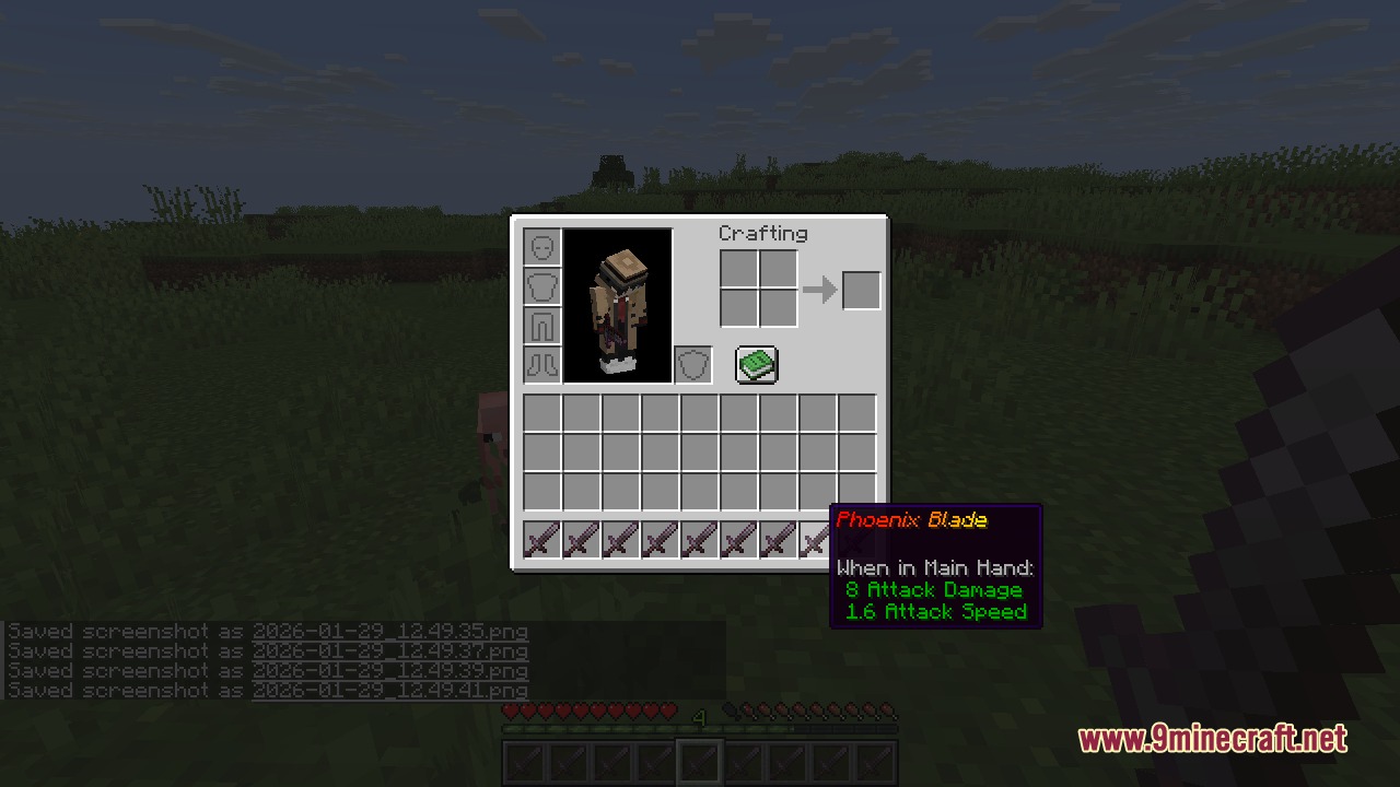 Minecraft inventory screen showing a Phoenix Blade item with red colored text