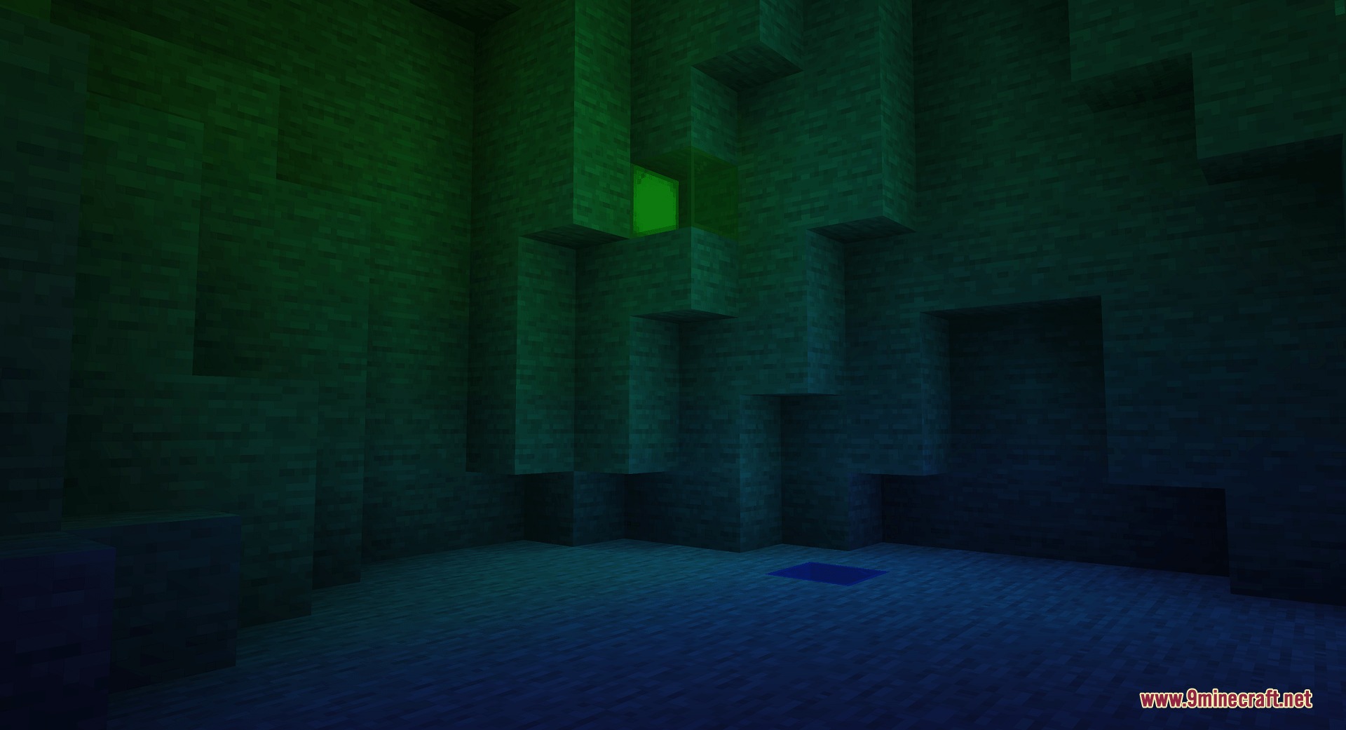 Colorful Lighting Sodium Embeddium Edition Mod Screenshot 3 A dark cave room illuminated by soft green and blue light sources