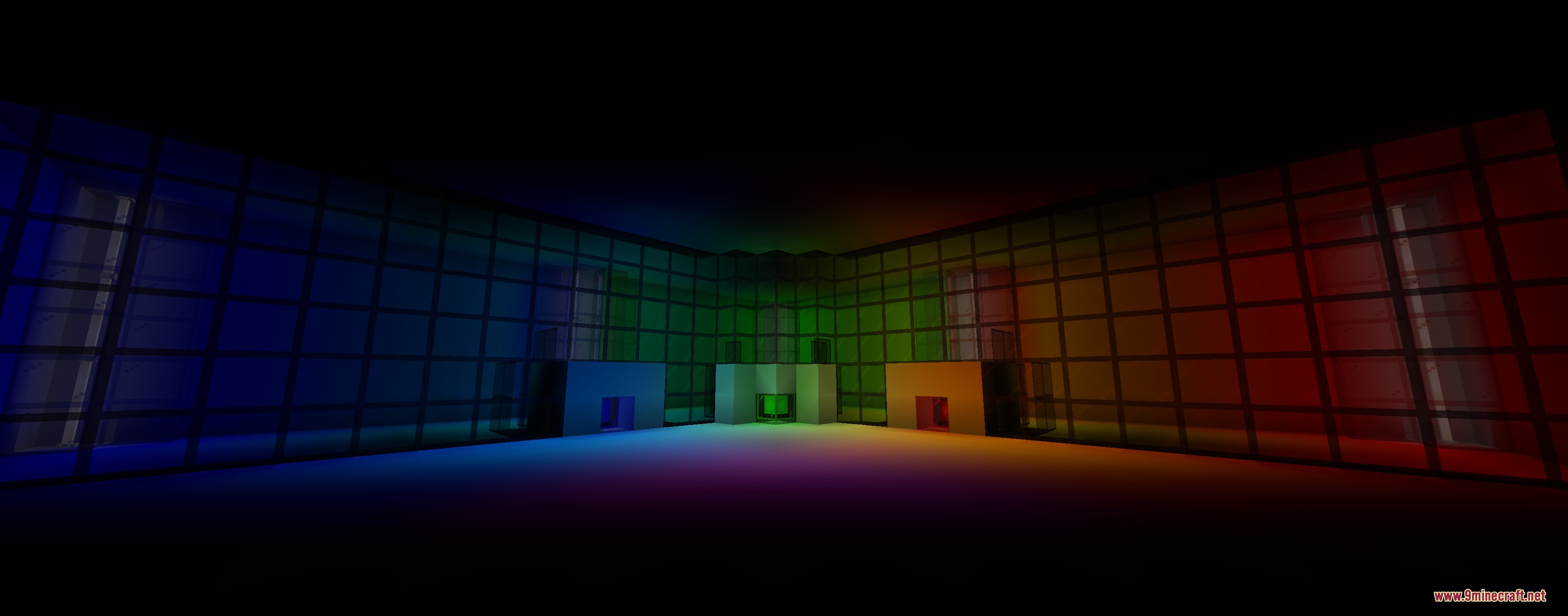 Colorful Lighting Sodium Embeddium Edition Mod Screenshot 4 Wide room featuring vibrant red green and blue light panels on walls