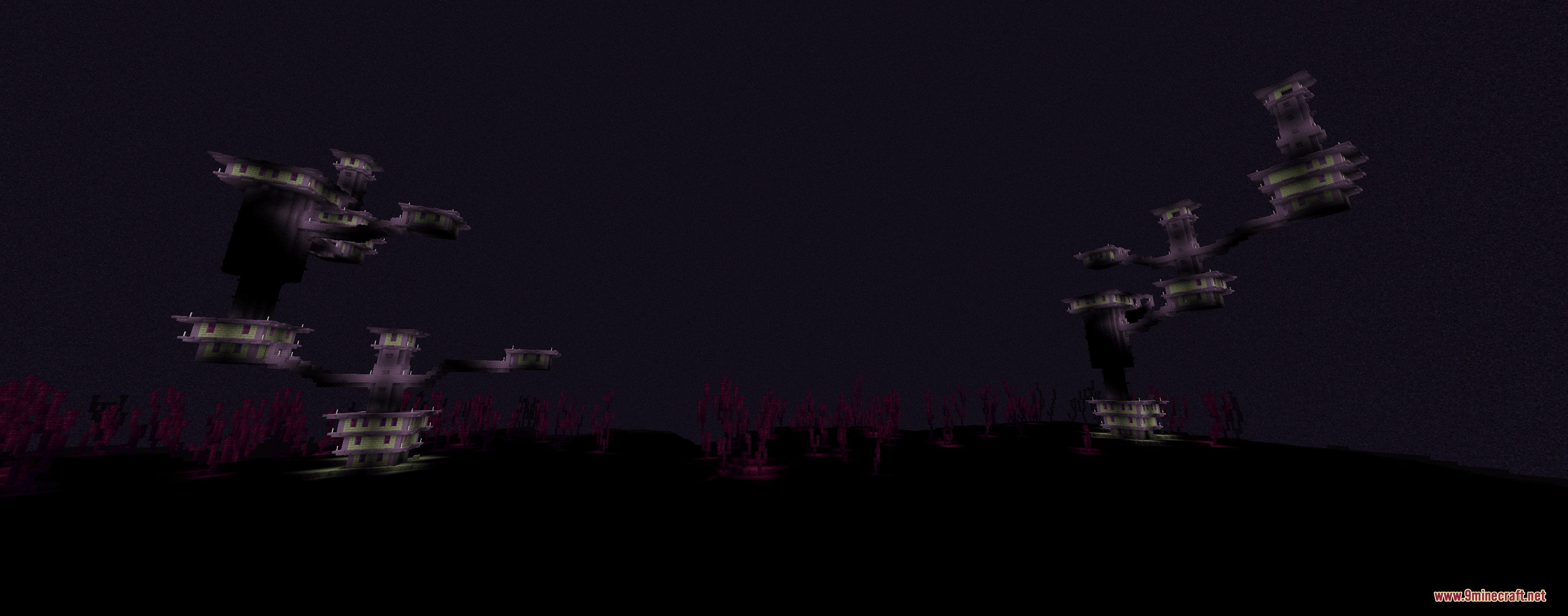 Colorful Lighting Sodium Embeddium Edition Mod Screenshot 6 Vibrant purple light illuminates the End cities in the dark void