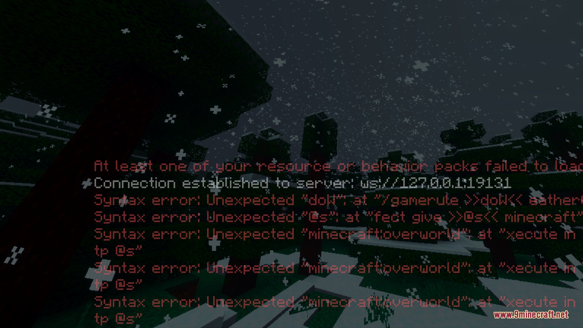 Colorful Visuals Shader Screenshot 10 Red syntax error messages and connection status displayed over a dark forest scene