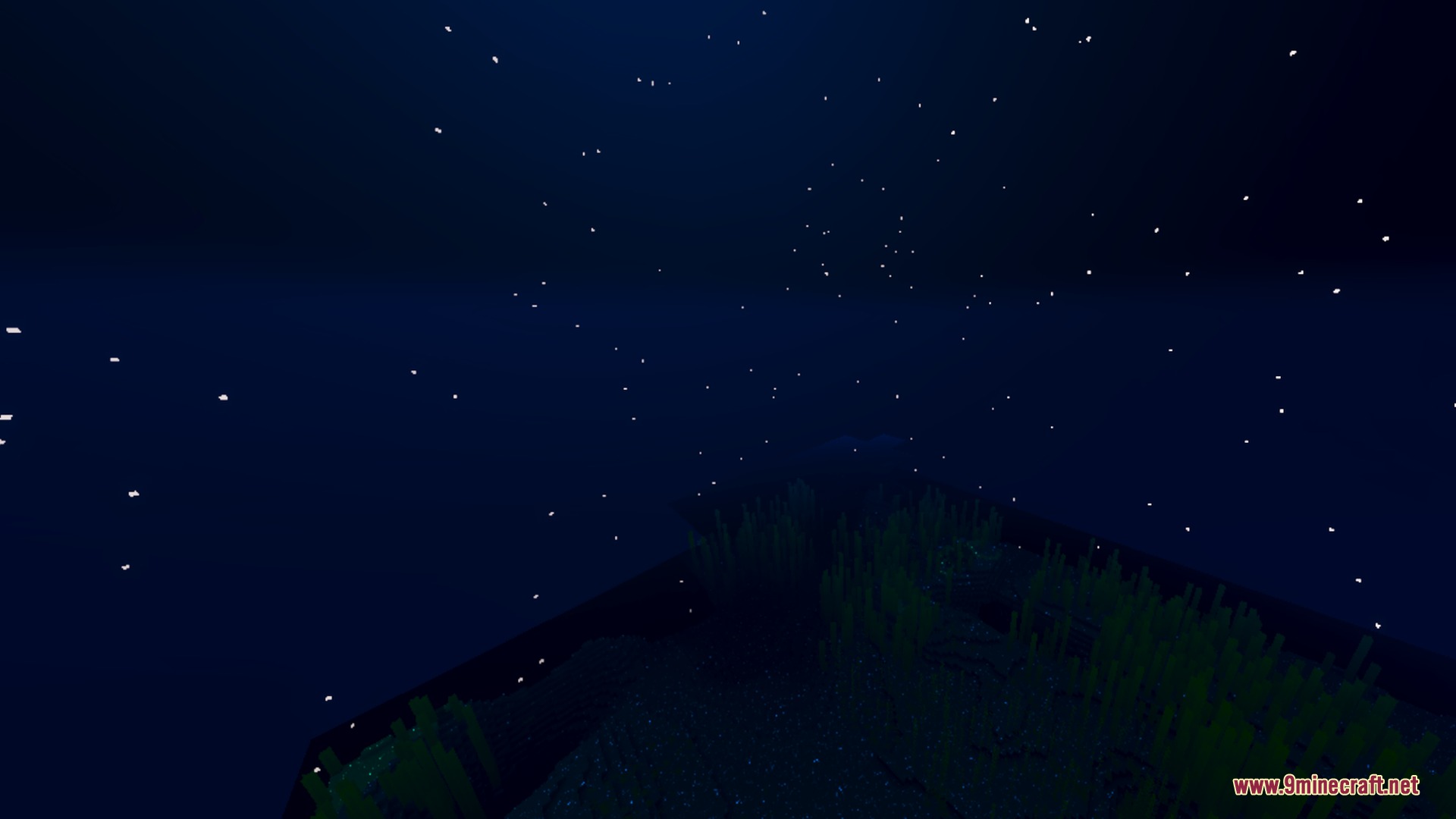 Colorful Visuals Shader Screenshot 3 Dark underwater view in Minecraft with glowing white particles and seaweed