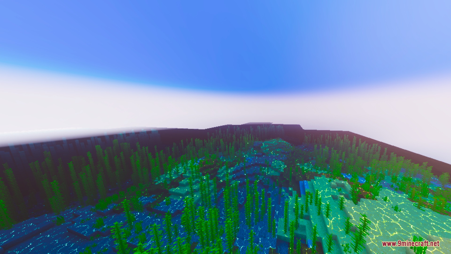 Colorful Visuals Shader Screenshot 4 Brightly saturated underwater biome with neon green kelp and clear blue water