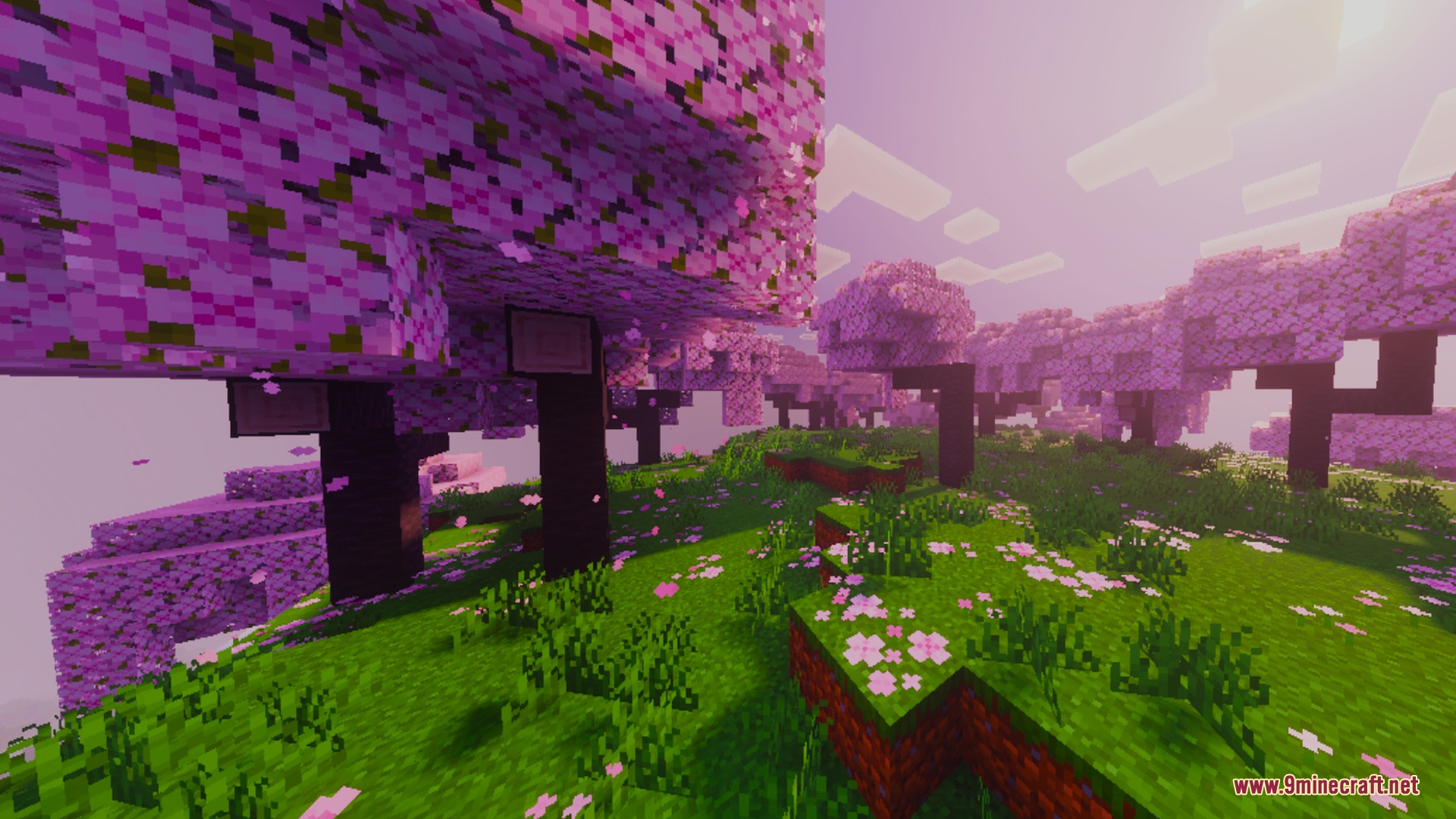 Colorful Visuals Shader Screenshot 6 Vibrant pink cherry blossom trees stand on a neon green hill under purple light