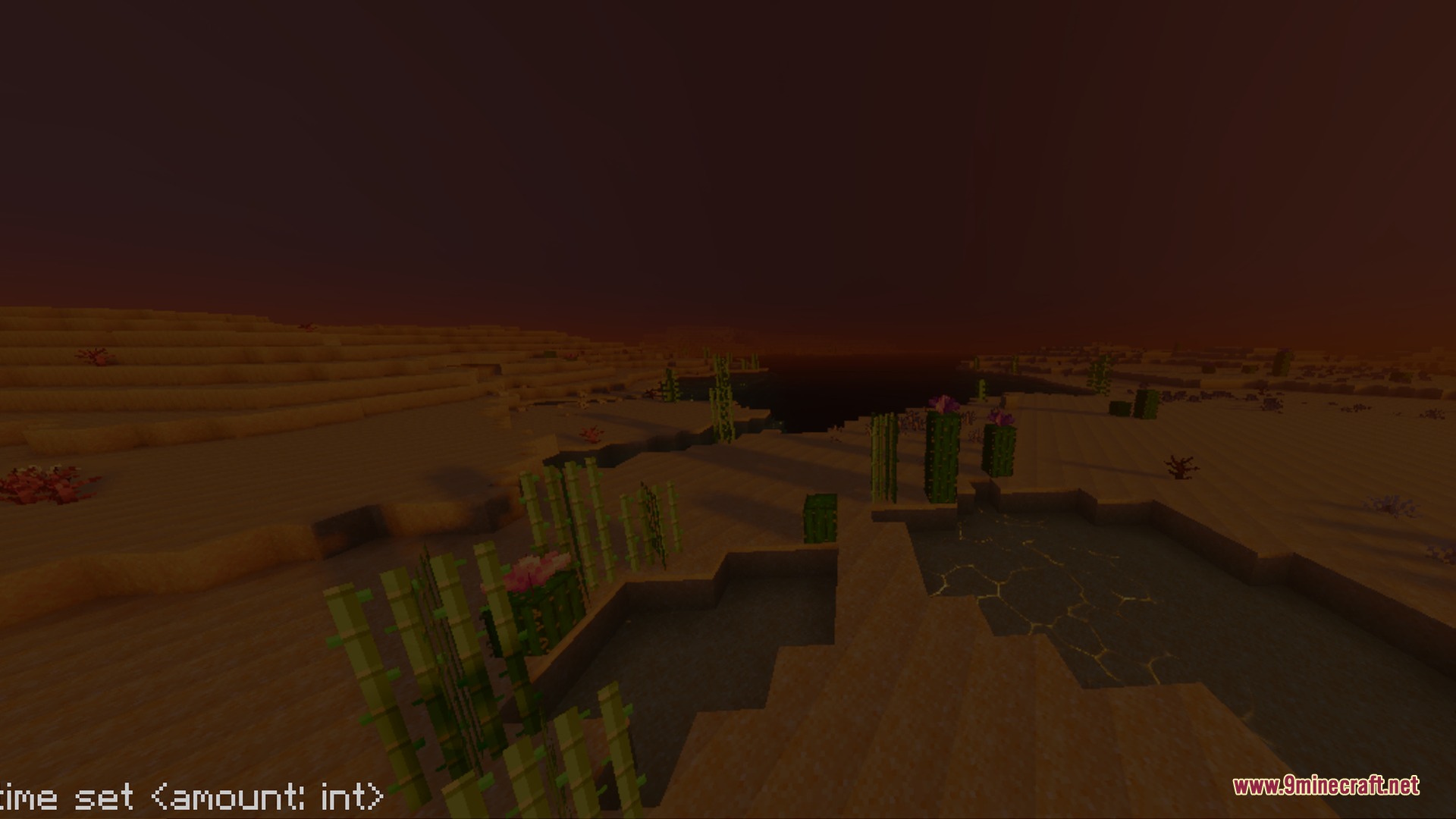 Colorful Visuals Shader Screenshot 8 Sandy desert biome with cacti and sugar cane under a dark sky