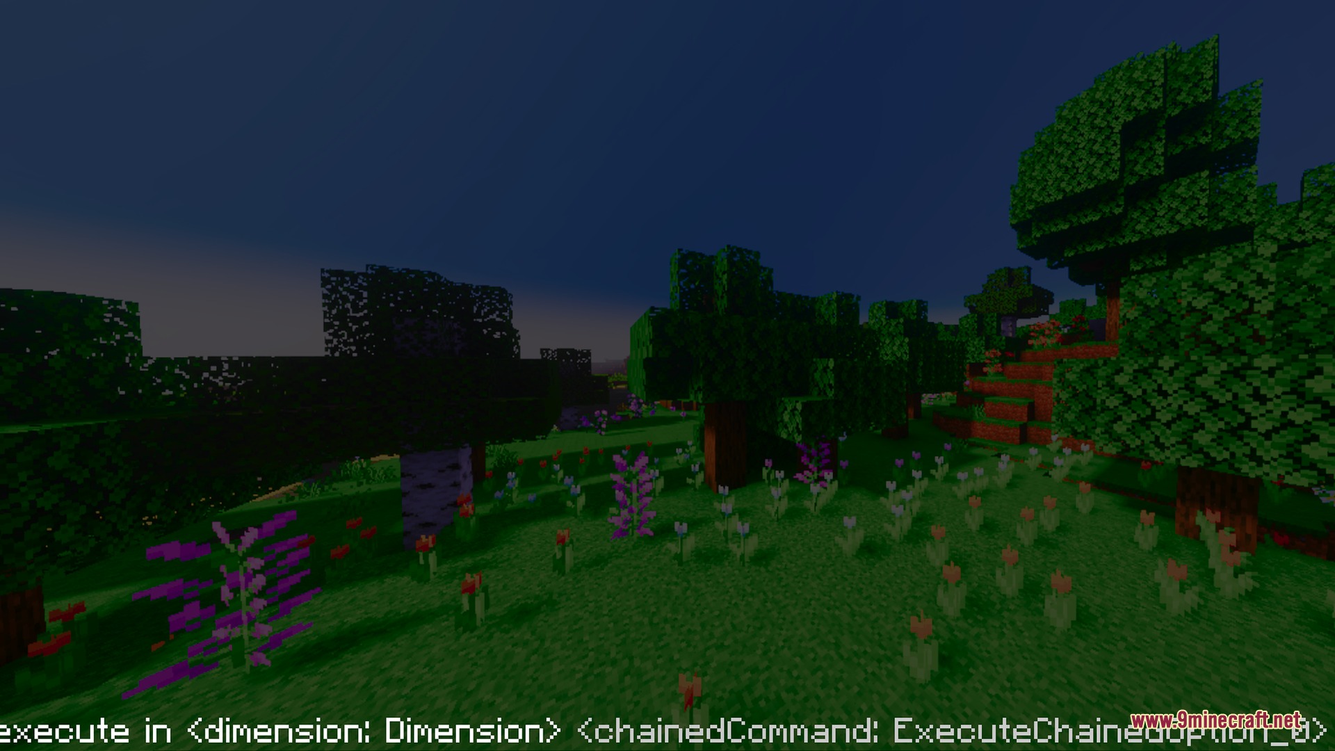 Colorful Visuals Shader Screenshot 9 Vibrant Minecraft world with neon green grass and purple flowers under dark sky