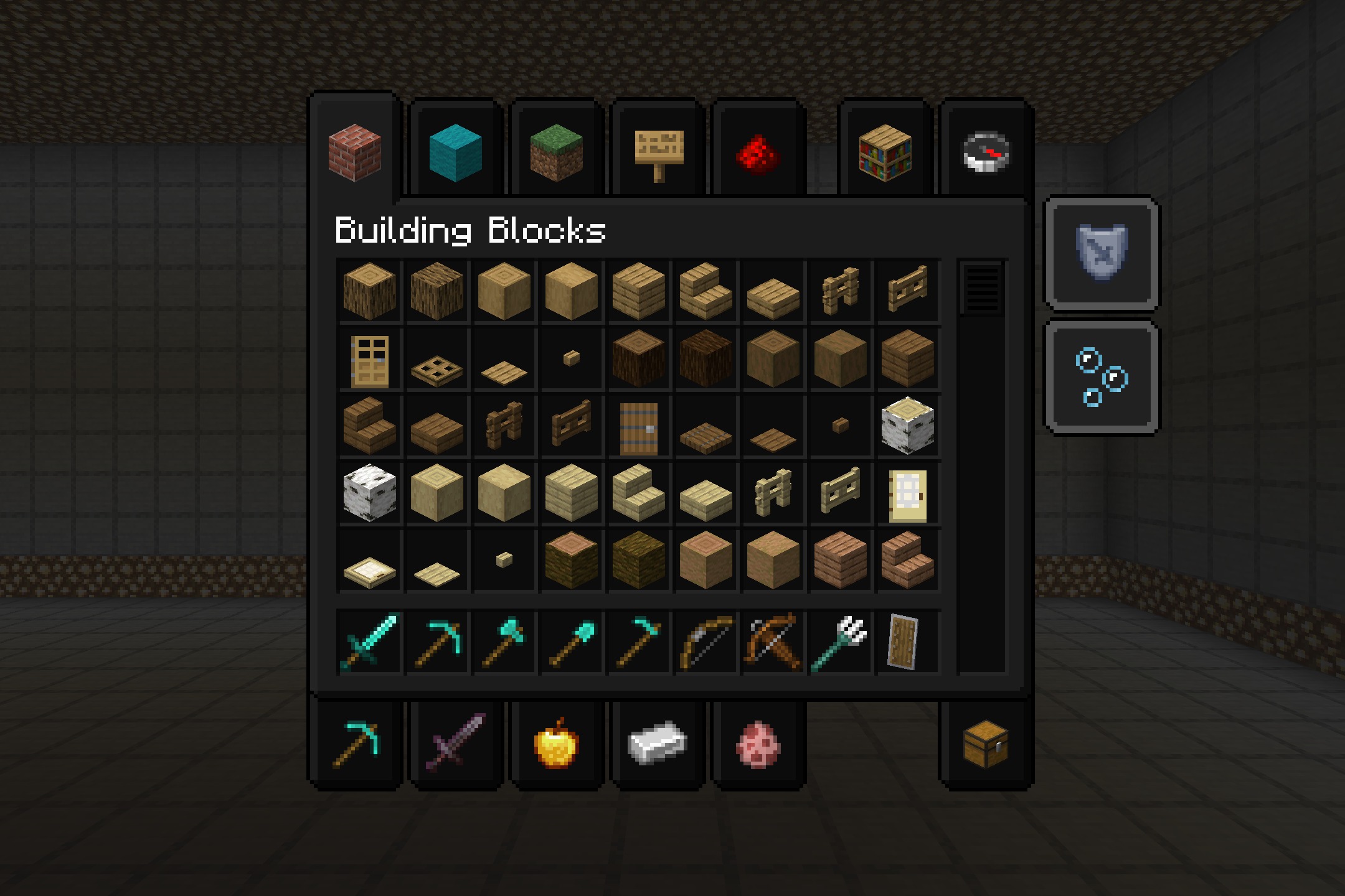 Dark OLED GUI creative inventory screen showing building blocks and diamond equipment