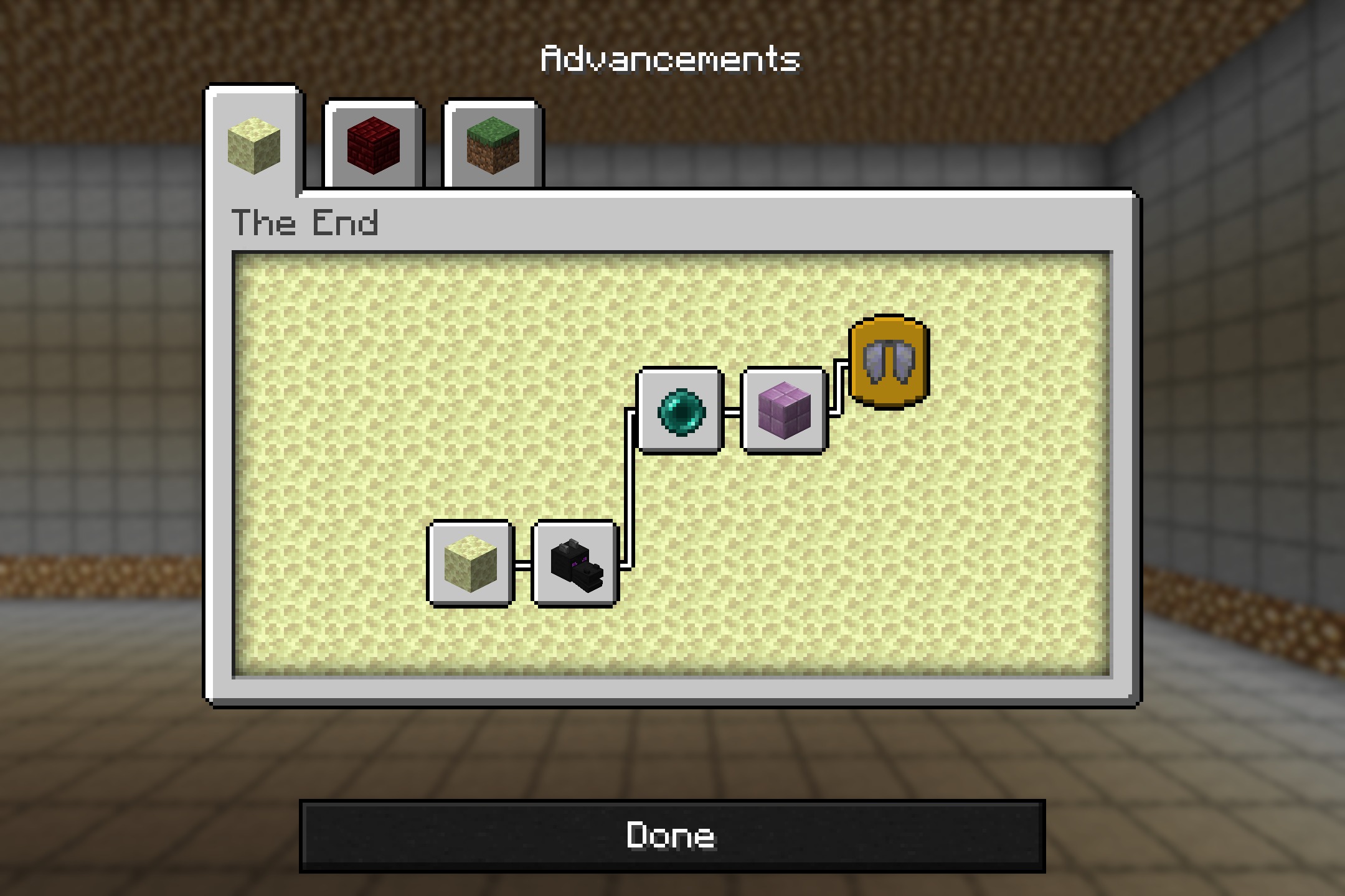 The End advancement menu with a sleek dark theme and progression icons