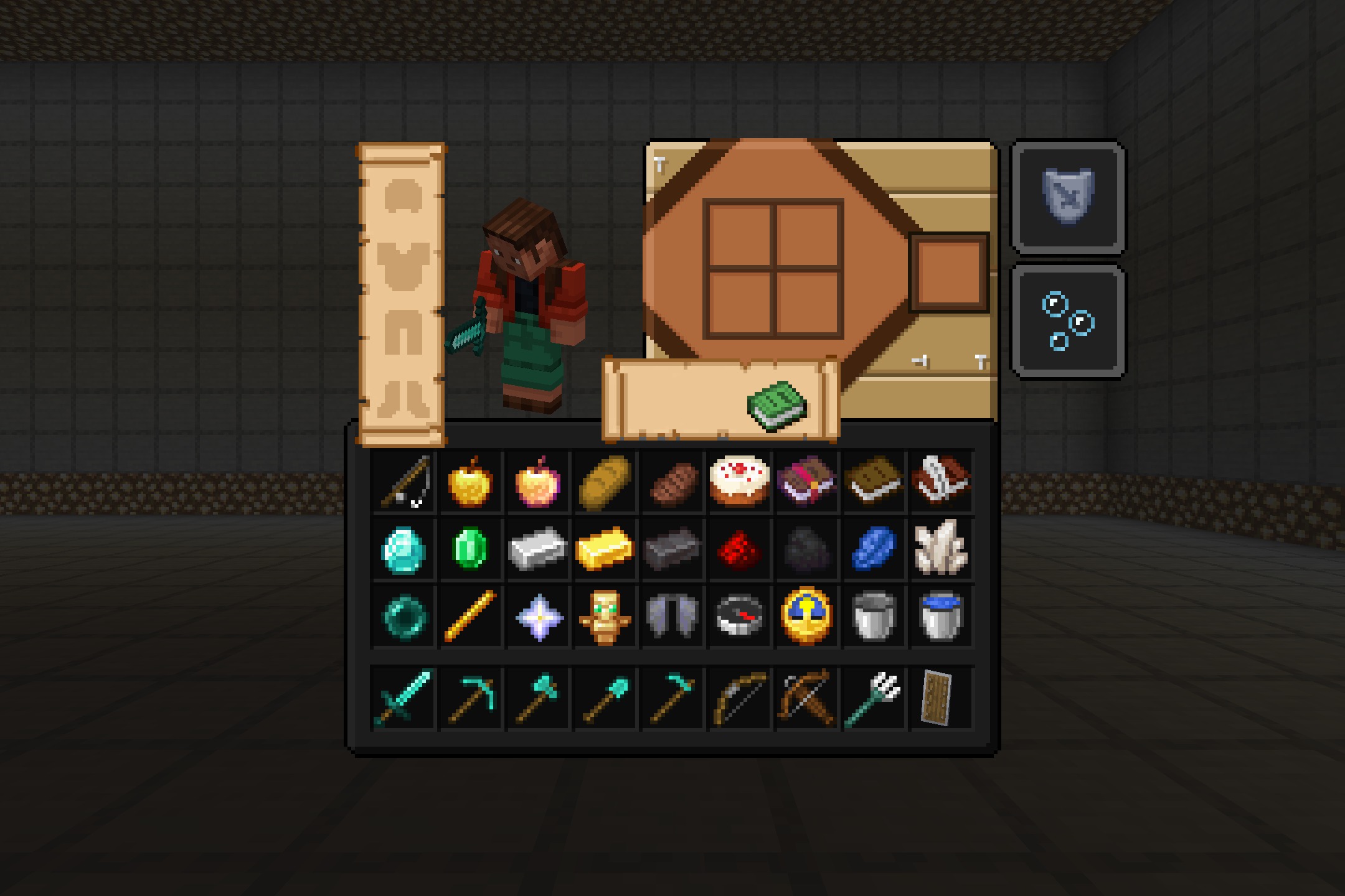 A dark themed Minecraft inventory screen with a custom OLED graphical interface