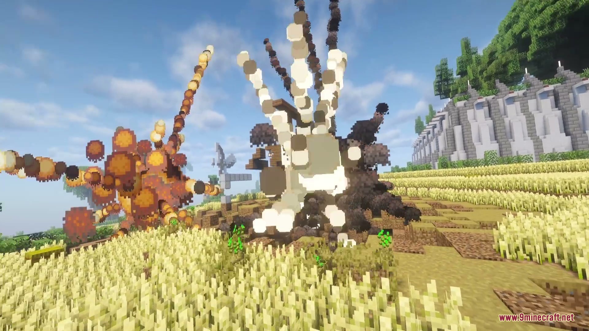 Combustive Ordnance Expansion Mod Screenshot 5 Two massive explosions with realistic smoke clouds erupting in a wheat field