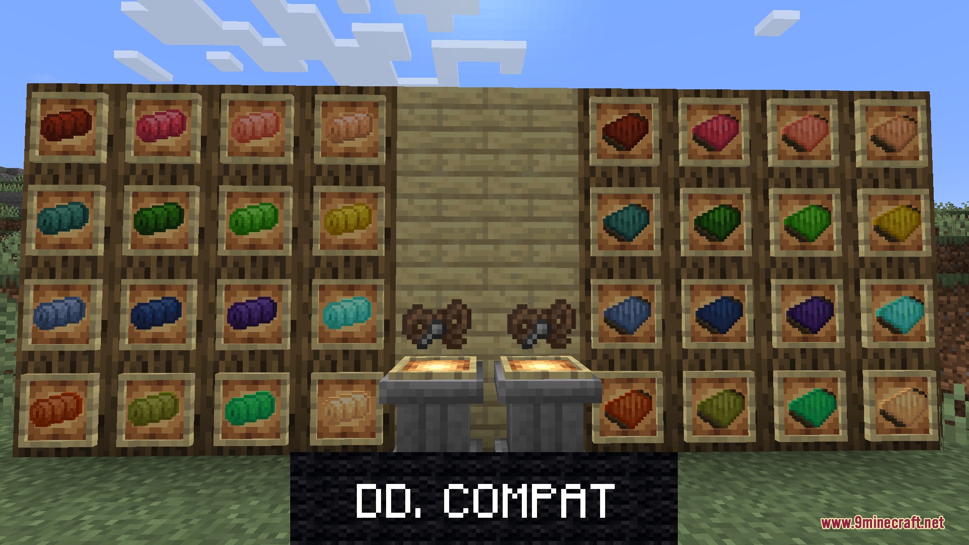 Comforts Modernized Resource Pack Screenshot 1 A wall of item frames showcasing various colored sleeping bags and hammocks