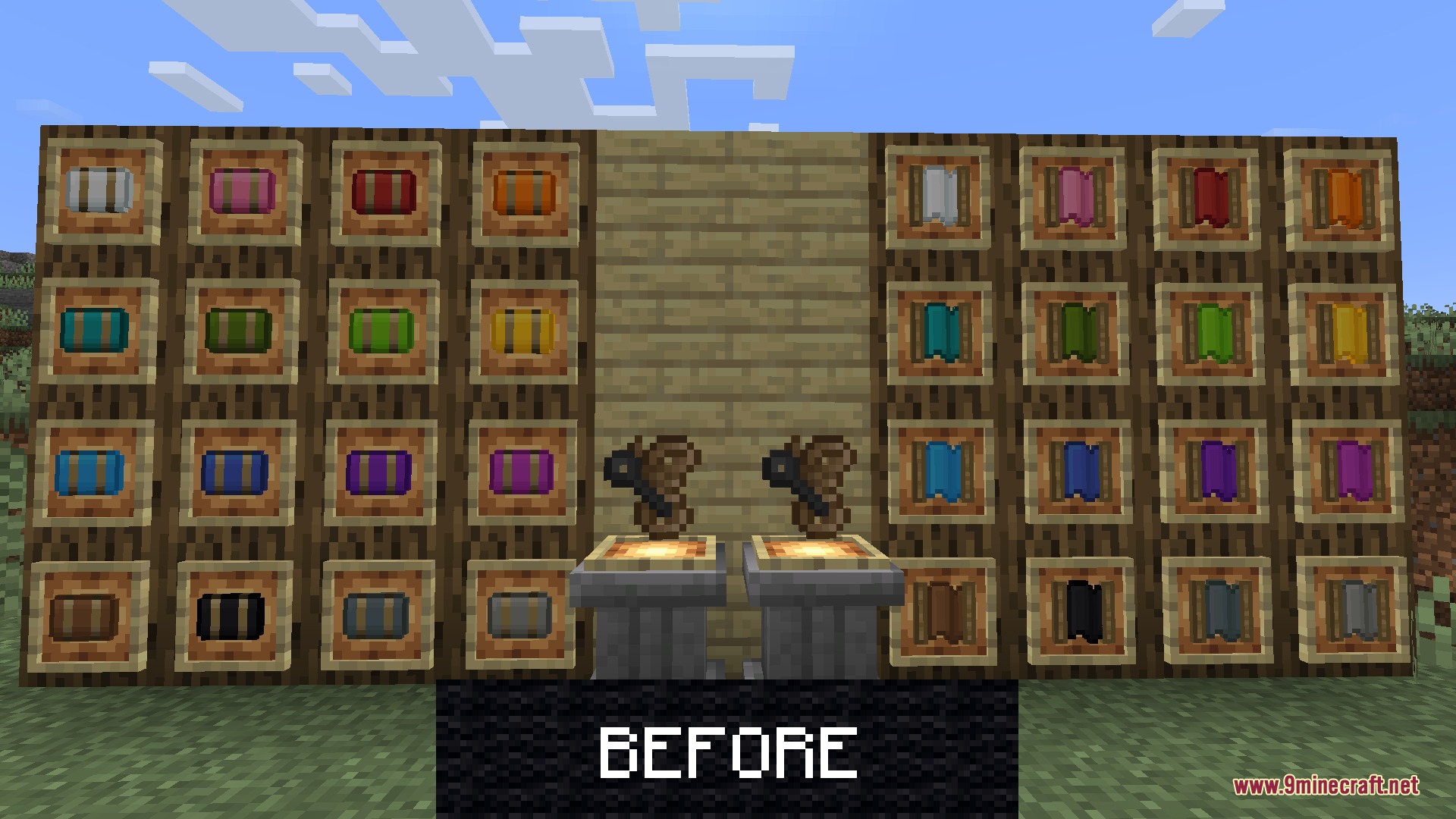 Comforts Modernized Resource Pack Screenshot 3 A wooden wall displaying various colored sleeping bags and hammocks in item frames