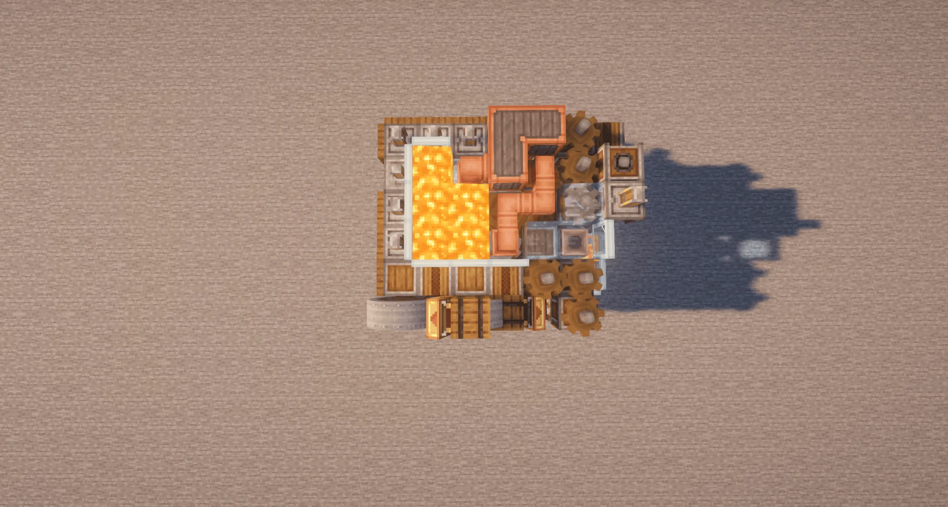 Top down view of the compact workshop with lava and copper pipes