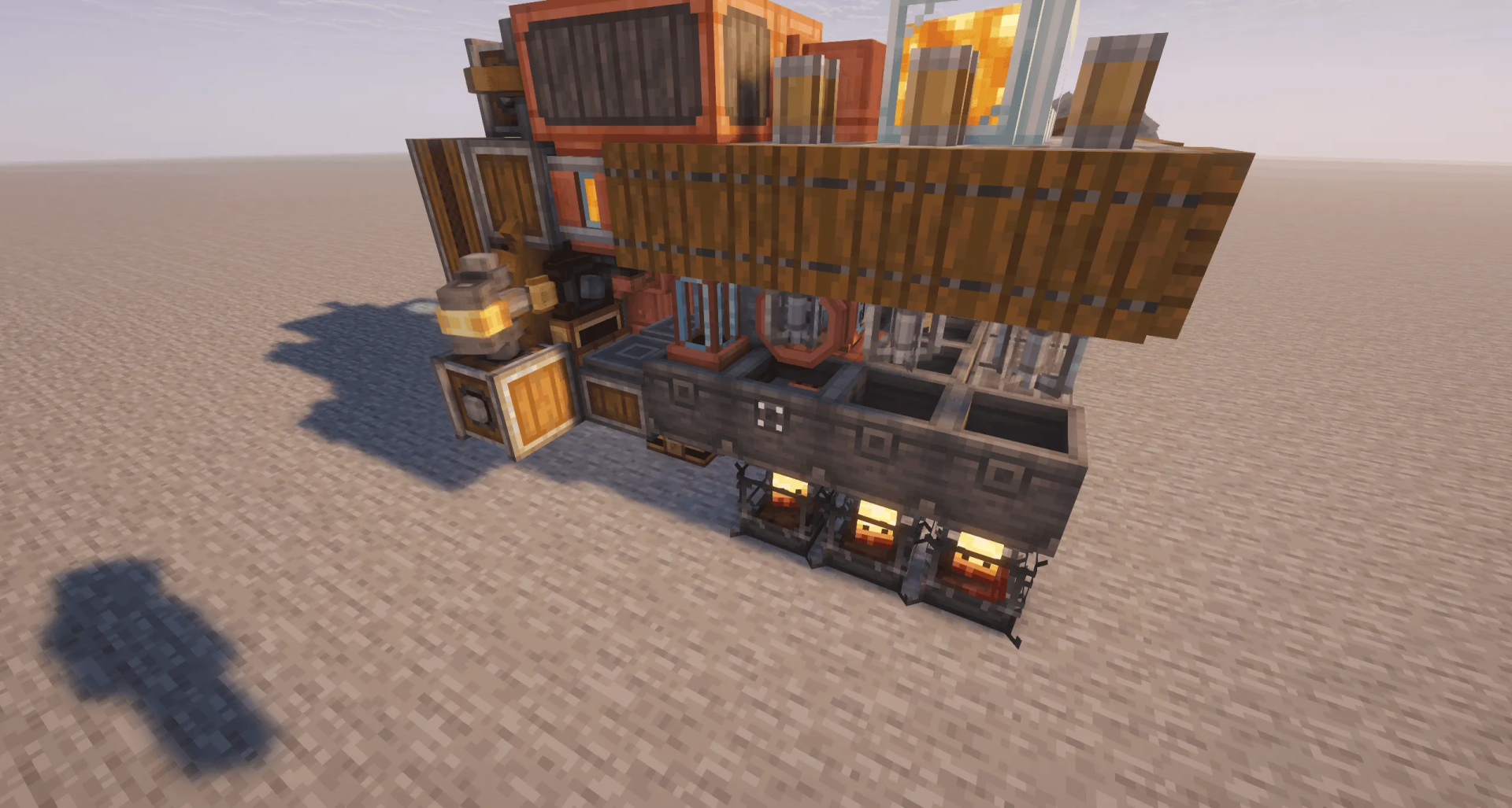 Side view of a mechanical setup with blaze burners and industrial presses