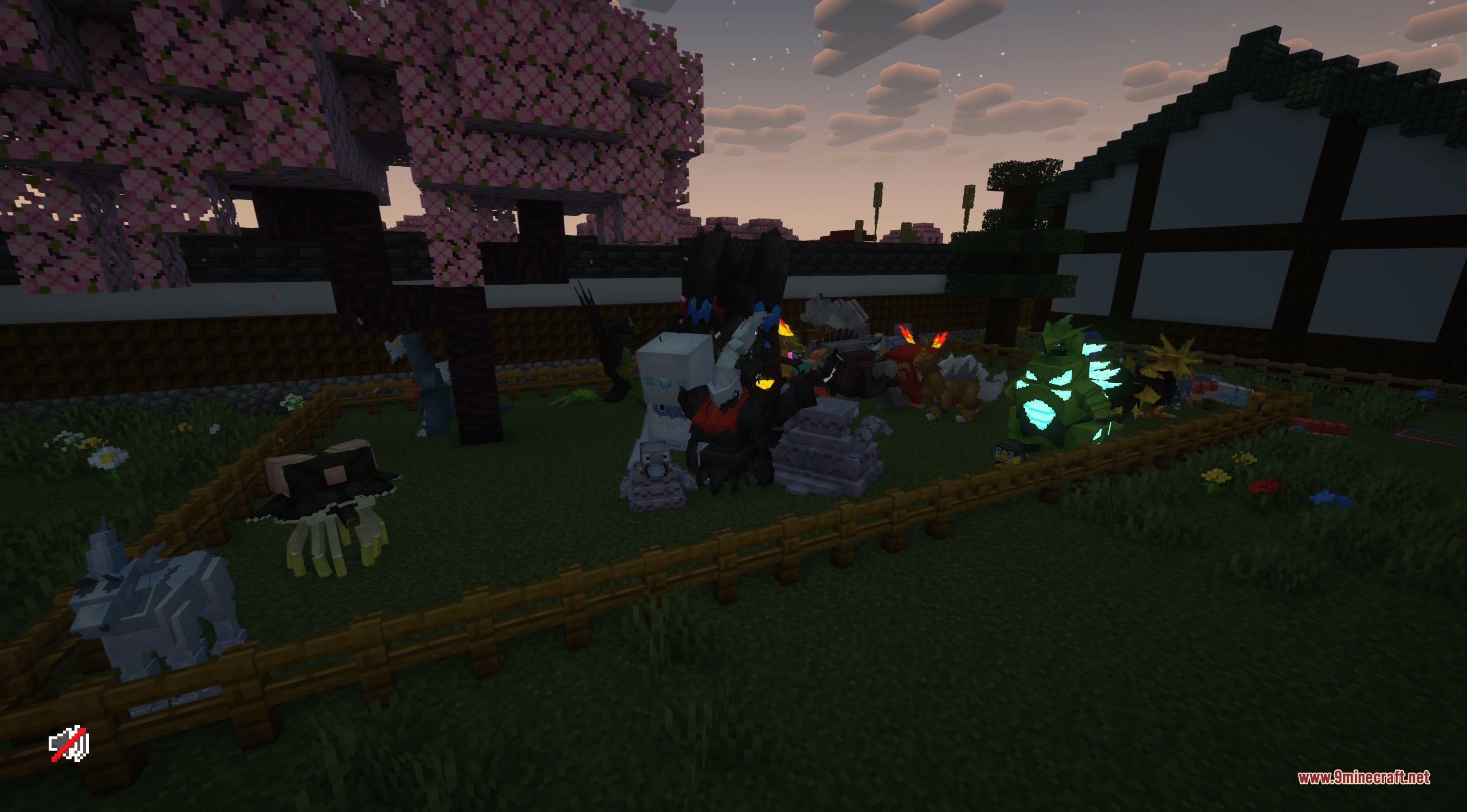 Complete Cobblemon Collection W Legendary Spawns Data Pack Screenshot 1 Various custom Cobblemon models gathered in a fenced area under cherry blossoms
