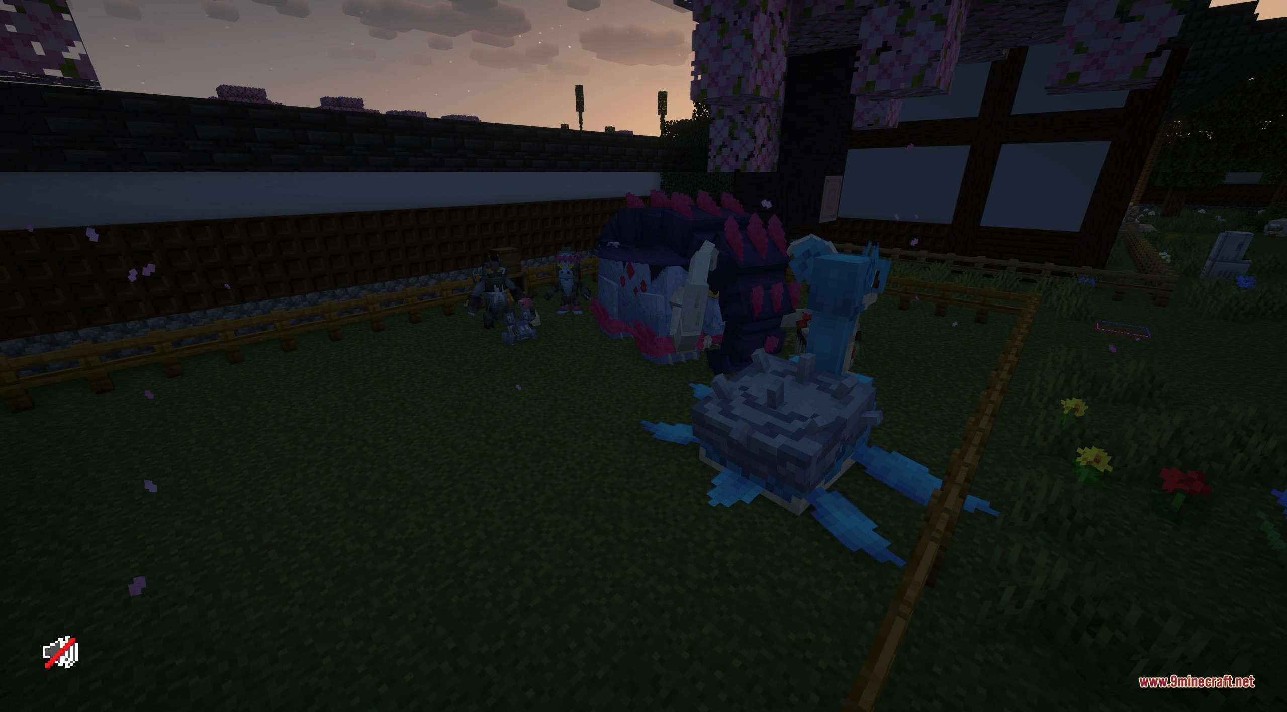 Complete Cobblemon Collection W Legendary Spawns Data Pack Screenshot 2 A Lapras and other Cobblemon species standing in a fenced field at sunset