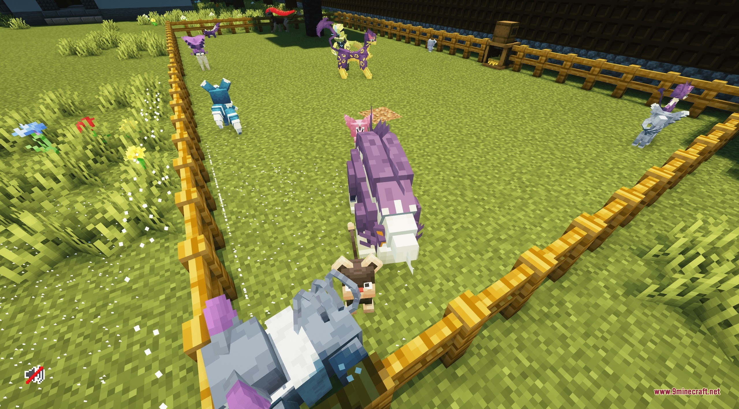 Complete Cobblemon Collection W Legendary Spawns Data Pack Screenshot 4 A diverse collection of monsters roaming inside a large fenced grassy enclosure