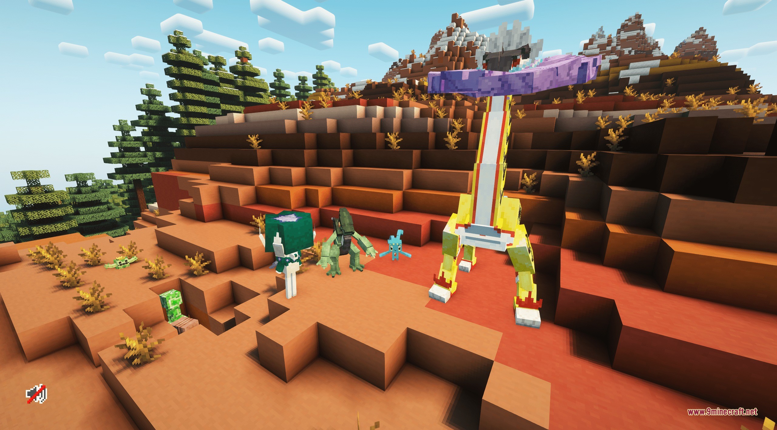 Complete Cobblemon Collection W Legendary Spawns Data Pack Screenshot 5 Legendary Cobblemon species roaming freely in a red sand mesa biome