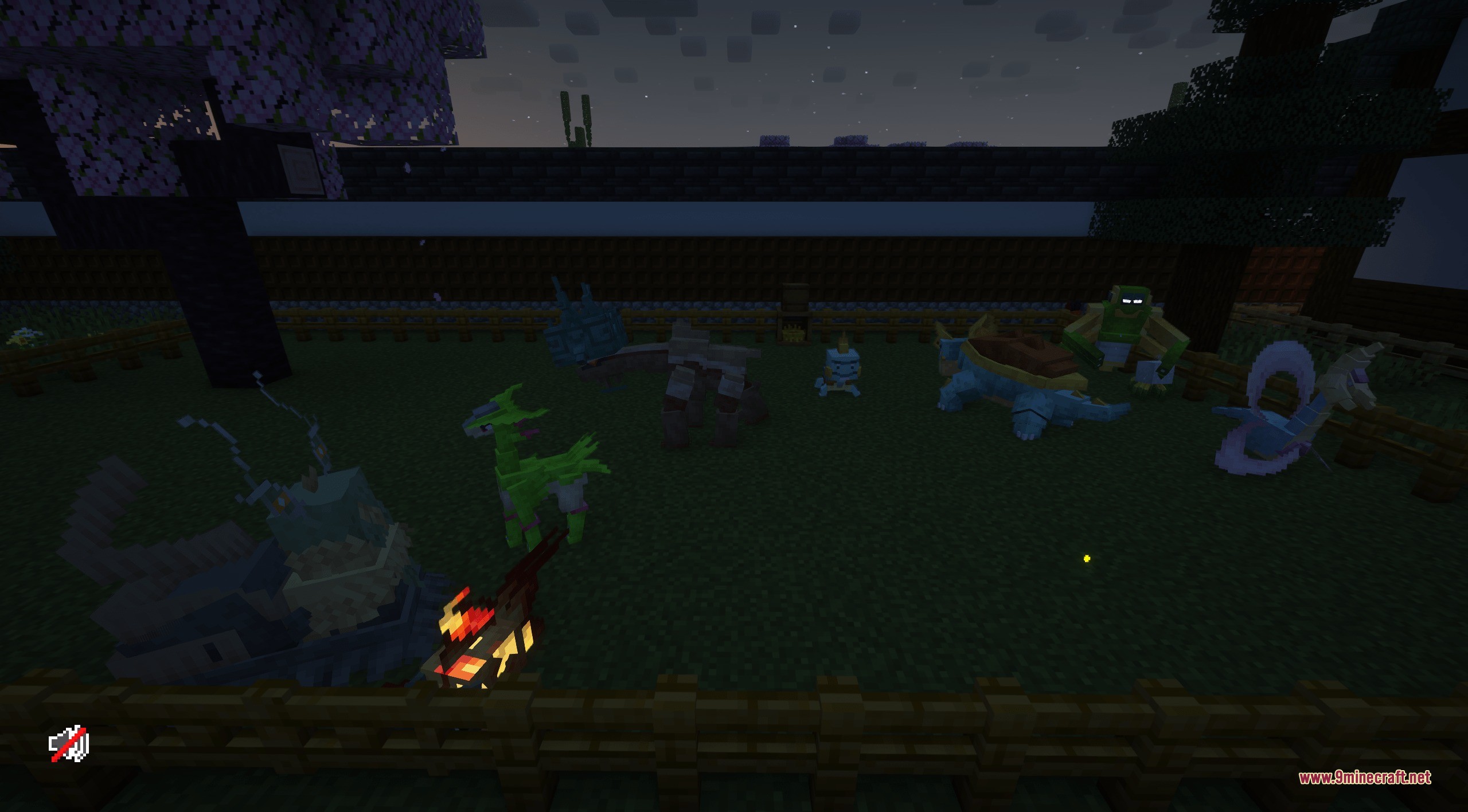 Complete Cobblemon Collection W Legendary Spawns Data Pack Screenshot 6 A group of legendary creatures resting in a fenced area at night