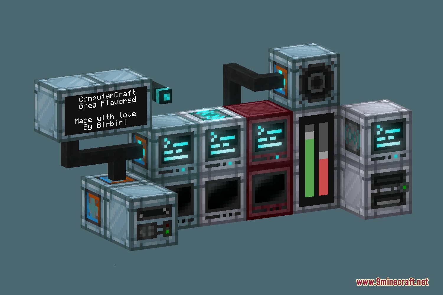 Various tech gadgets and monitors redesigned with a heavy machinery aesthetic