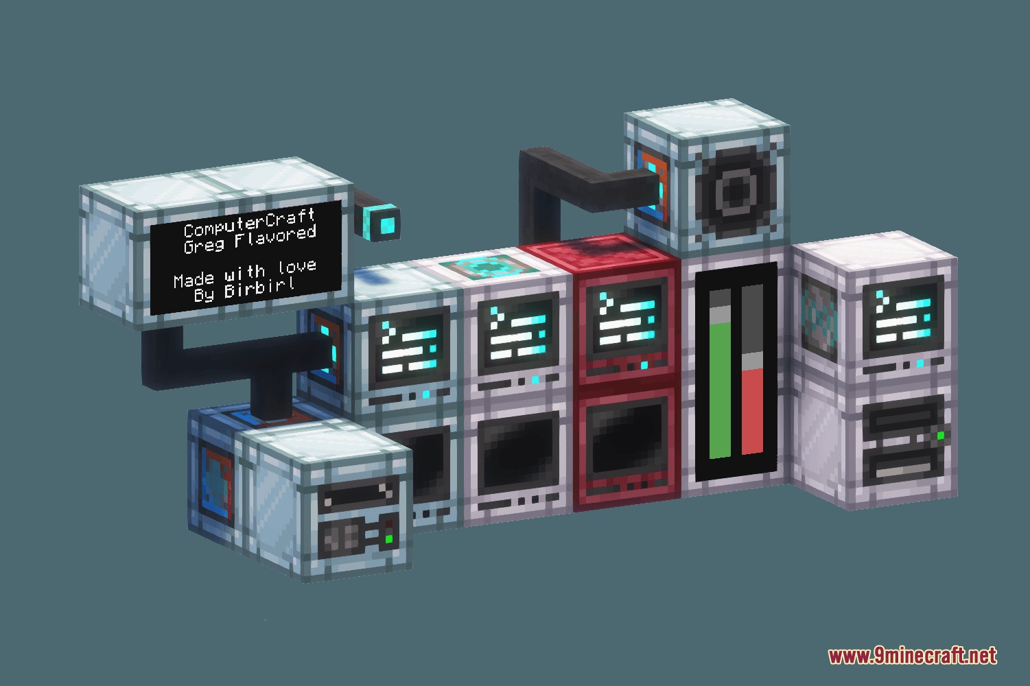 Various metallic machinery blocks featuring glowing screens and detailed industrial textures