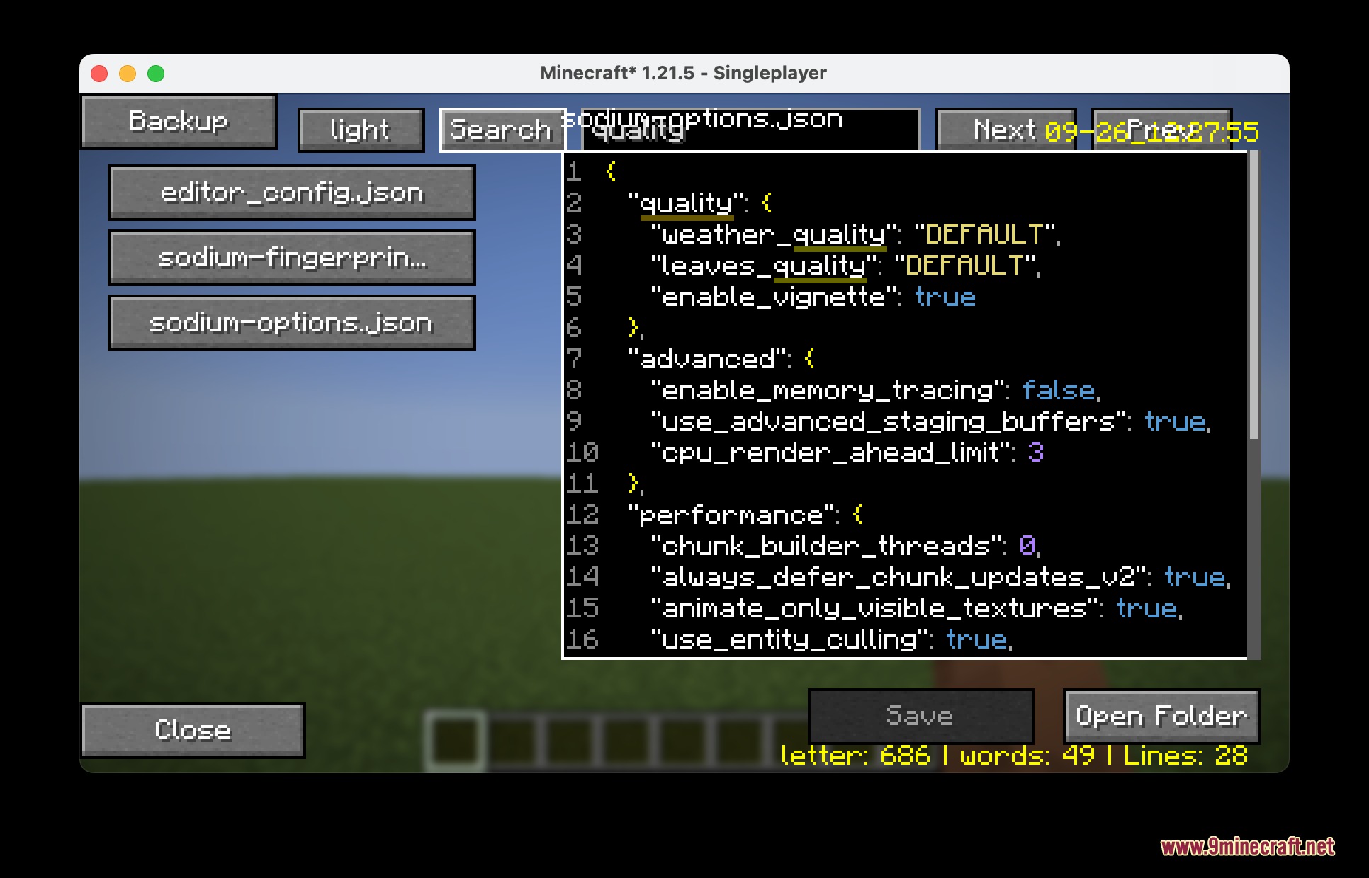 Config Editor Render Mod Screenshot 1 Config Editor Render Mod interface showing sodium options file for performance tweaks