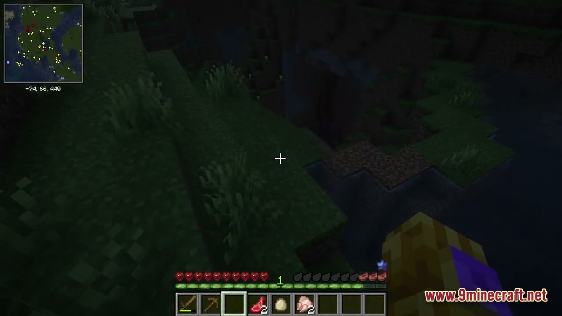 A first-person view of a grassy cliffside at night with a minimap and hotbar visible