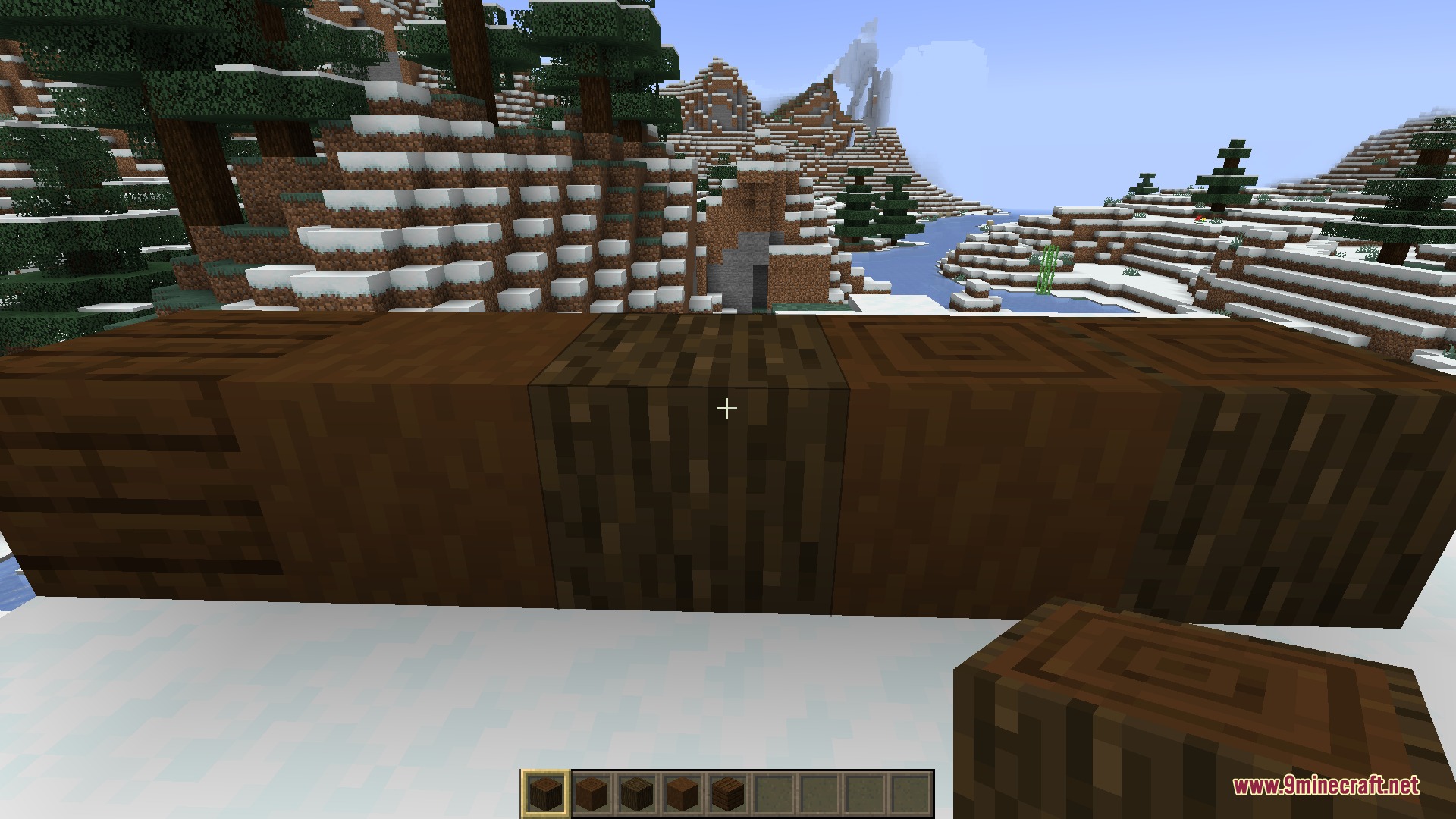 Consistent Dark Oak Resource Pack Screenshot 2 Consistent Dark Oak Resource Pack showing uniform colors on wood blocks in snow