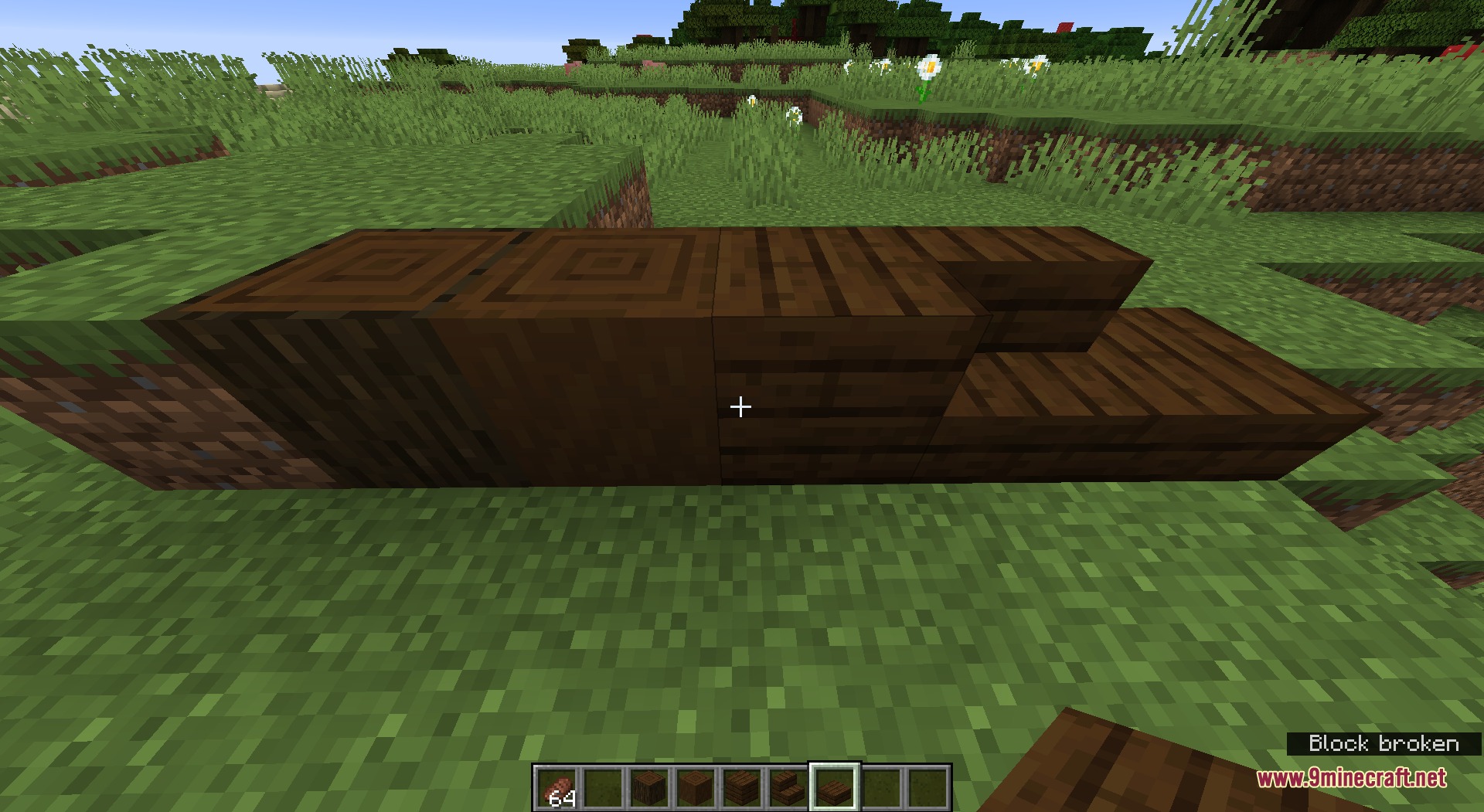 Consistent Dark Oak Resource Pack Screenshot 4 Various dark oak building blocks showing uniform textures in a grassy field