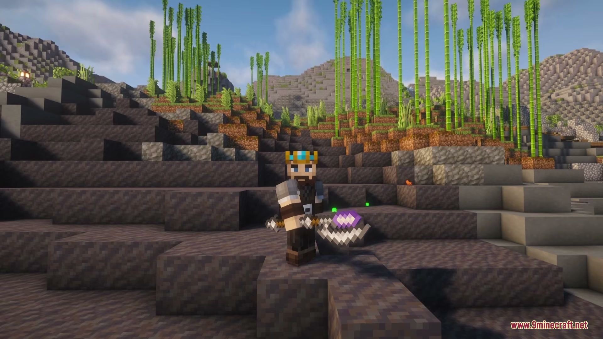 A crowned player holds a glowing purple battlestaff from Construct Casting mod