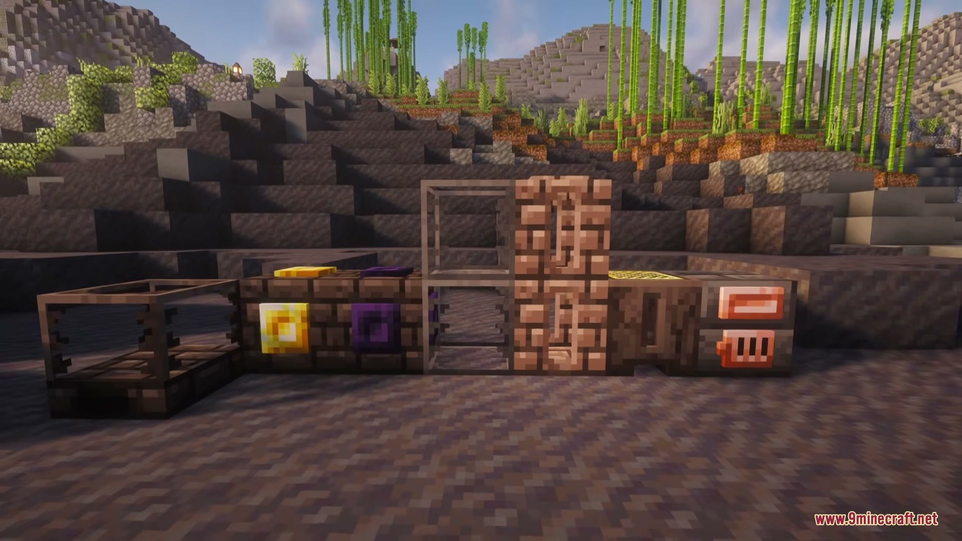 Various modular casting blocks and magical smeltery components displayed in a row