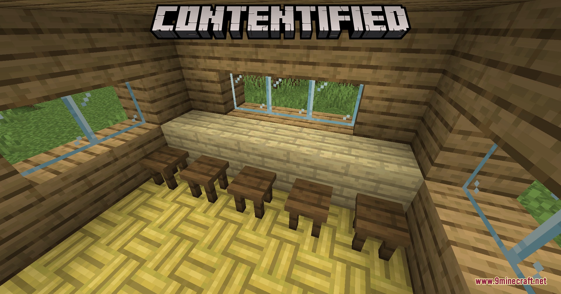 Contentified Mod Screenshot 2 A row of craftable wooden stools placed inside a cozy wooden house