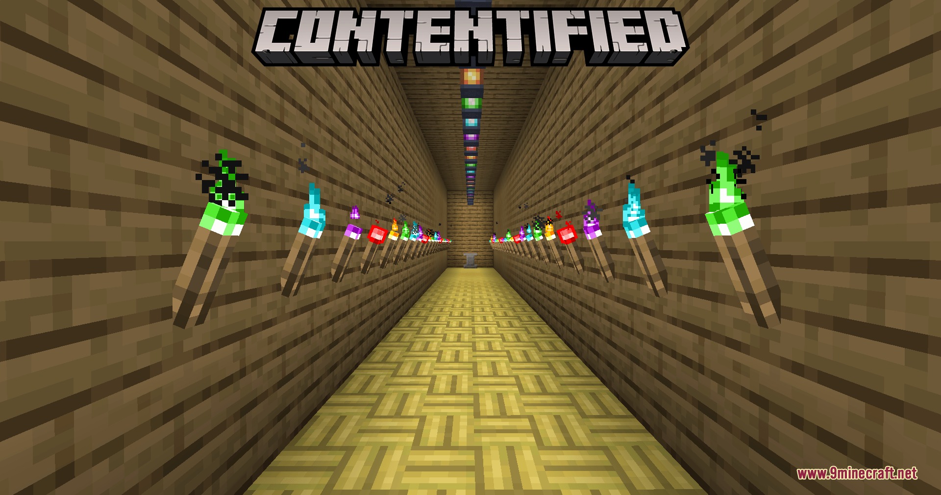 Contentified Mod Screenshot 3 A long wooden hallway decorated with many colorful torches from Contentified mod